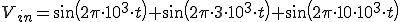  V_{in} = sin(2\pi \cdot 10^3 \cdot t) + sin(2\pi \cdot 3 \cdot 10^3 \cdot t)+ sin(2\pi \cdot 10 \cdot 10^3 \cdot t)