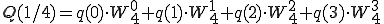  Q(1/4) = q(0)\cdot W_4^{0} + q(1)\cdot W_4^{1} + q(2)\cdot W_4^{2} + q(3)\cdot W_4^{3} 