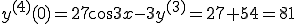  y^{(4)}(0) = 27\cos3x - 3y^{(3)} = 27 + 54 = 81