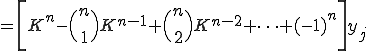  =\[K^n - \Bigl(\begin{array}{GC+23}n\\1\end{array}\Bigr)K^{n-1}+\Bigl(\begin{array}{GC+23}n\\2\end{array}\Bigr)K^{n-2}+ \cdots +(-1)^n \] y_j